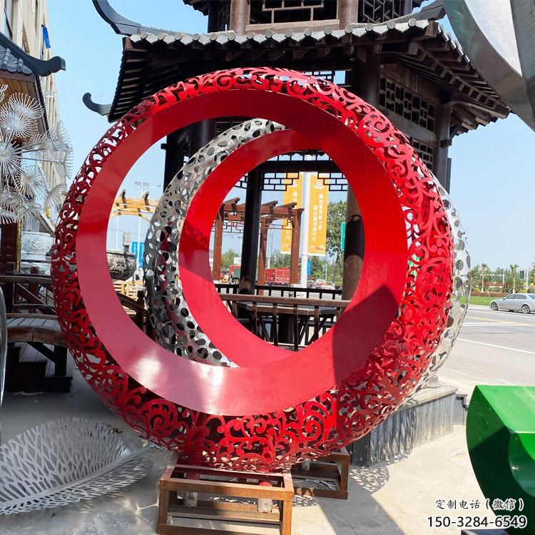 雙環雕塑生產，鏤空烤漆工藝，不銹鋼雙環雕塑制作