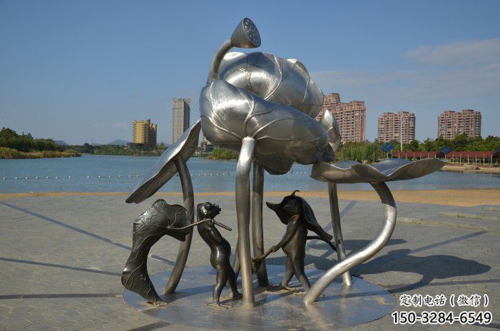 宜春蓮蓬嬉戲雕塑，城市植物景觀雕塑，不銹鋼鏡面效果