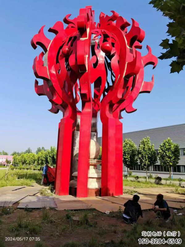 曲水火球雕塑，精神堡壘火球雕塑落地展示